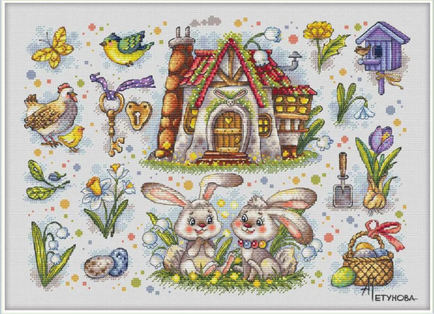 Tomato Flower Clock Embroidery Kits, Cross Stitch Kits, DIY Home Fun, Handwork 20-two little hares 48-37