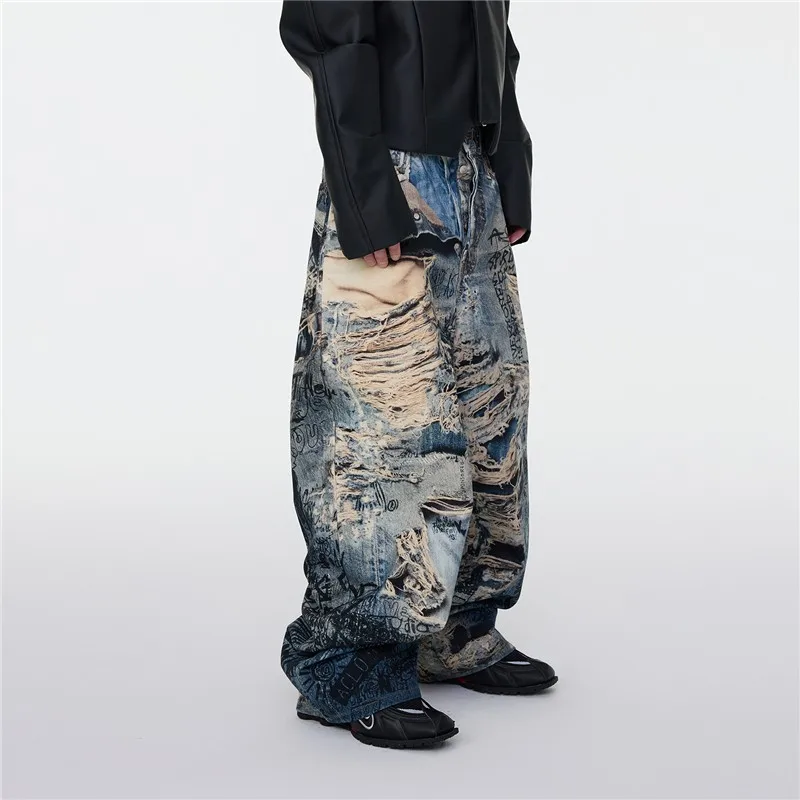 Retro American Digital Printing 3D Printed Visual Misaligned Loose Wide Leg Jeans Long Pants Low Waist Bell Bottoms Sporty