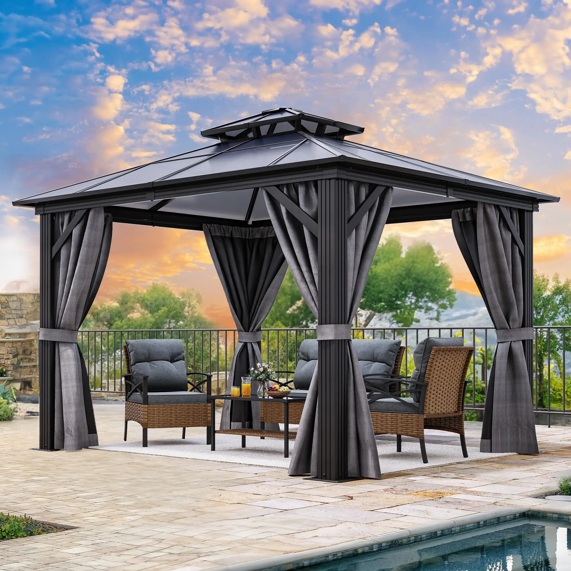 

Садовая беседка для двора с двойной крышей, алюминиевая, водонепроницаемая, с жестким верхом, палатка-беседка