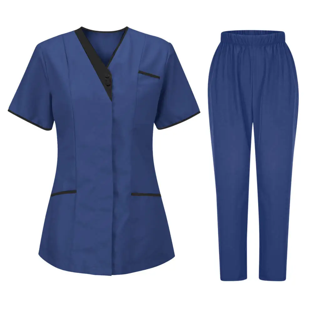 Women V Neck Scrub Set Contrast Trim Short Sleeve Top Elastic Waist Pants 2 Piece Medical Uniform Nursing Workwear For Nurse