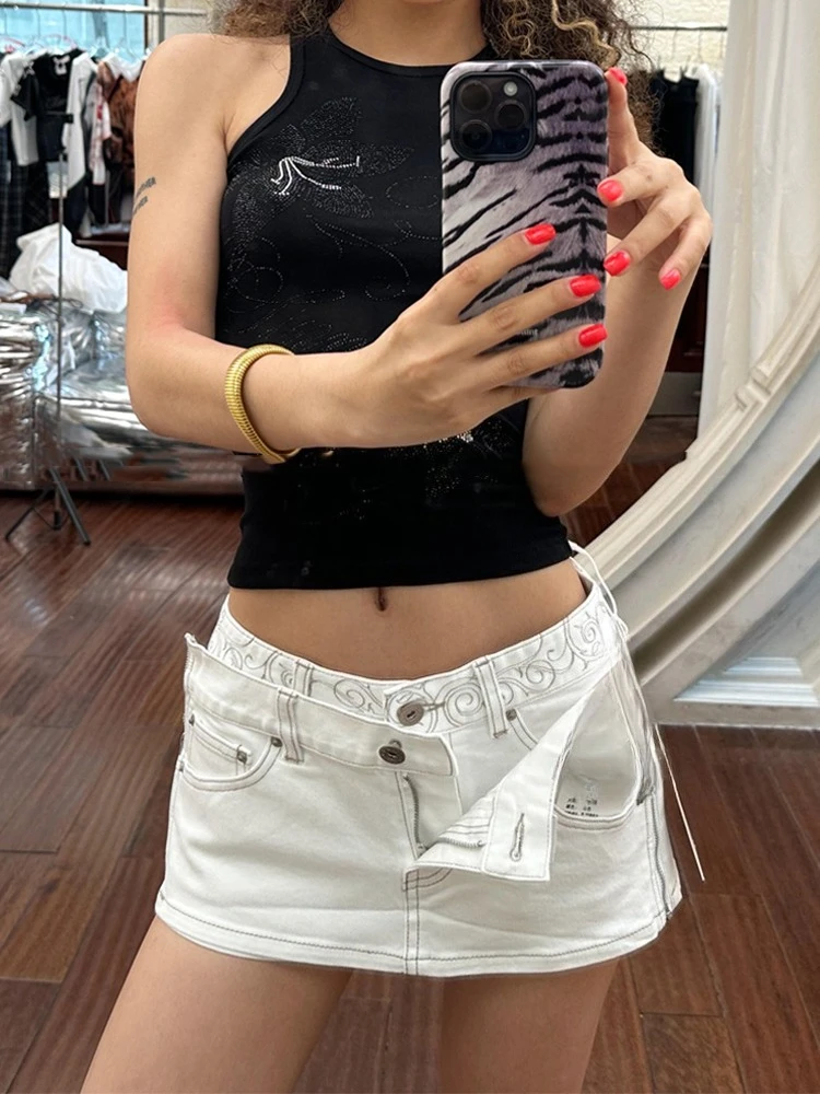 American style retro design detachable side pull denim skirt spicy girl double waist head splicing half body short skirt