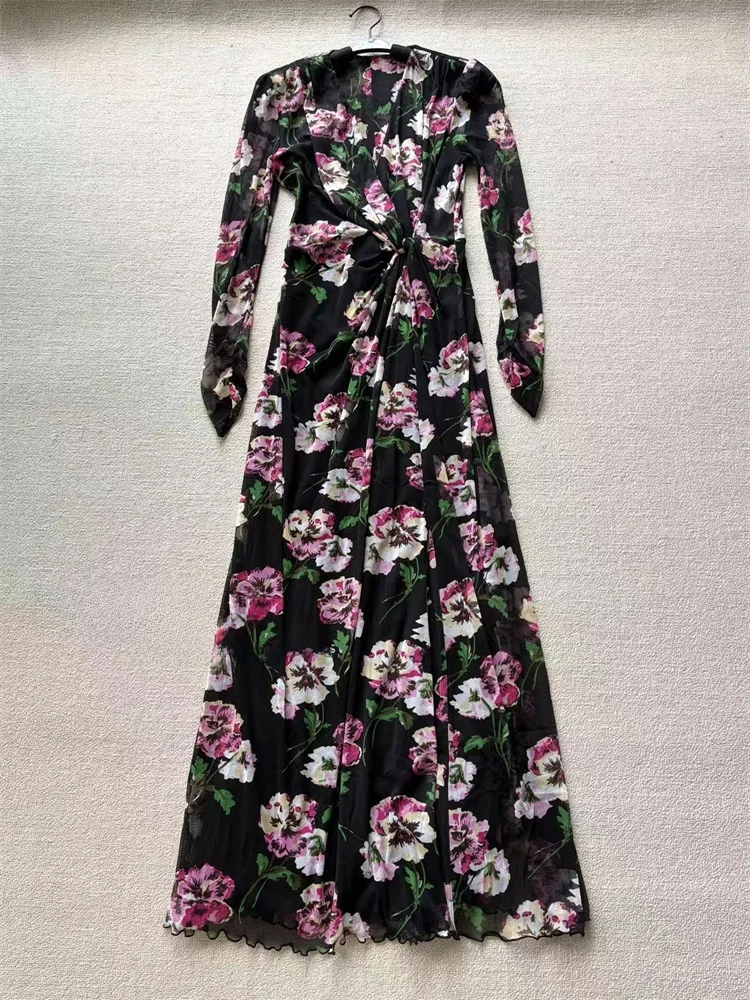 Romantic Floral Double-Sided Tulle Wrap Dr Women's Long Sve Knot Bodice Dr Faionable Ele Casual Sle