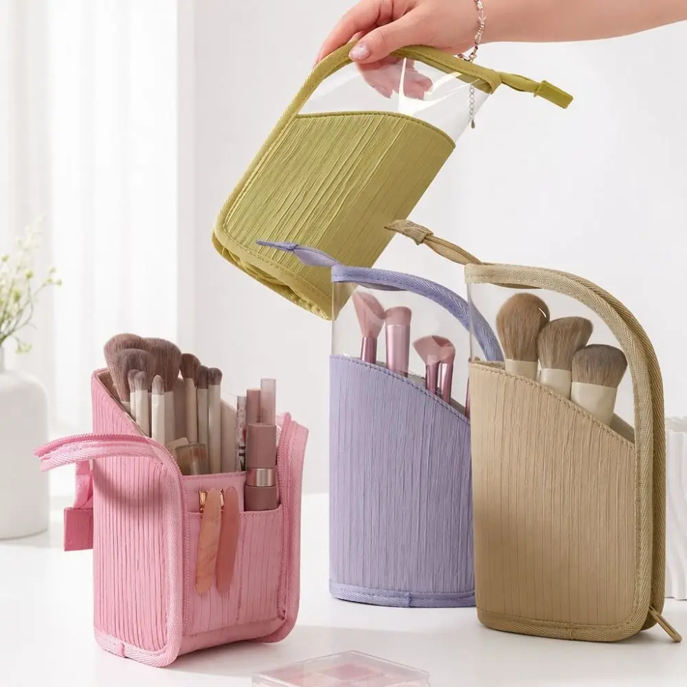 Multifunctional Makeup Bag Semi Transparent Portable Toiletry Organizer Zipper Closure Standing Makeup Brush Organizer