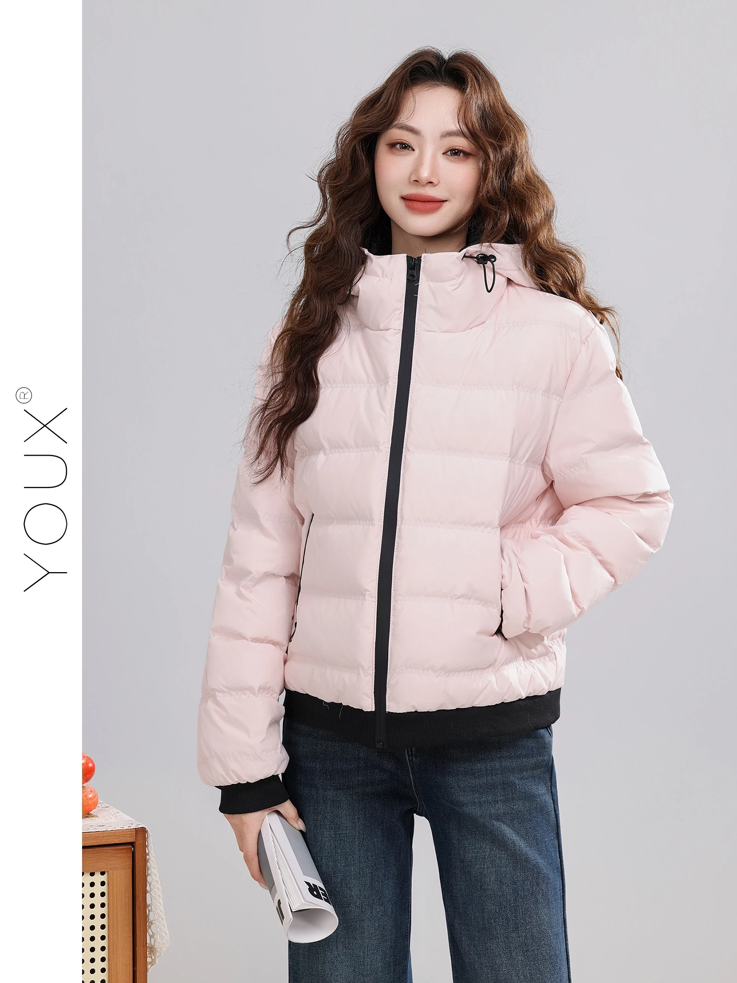 

Love Overflowing Pink Hooded down Jaet Thi Warm Women's Faionable Winter New Arrival Yuxiang Straight Tube Long Sve