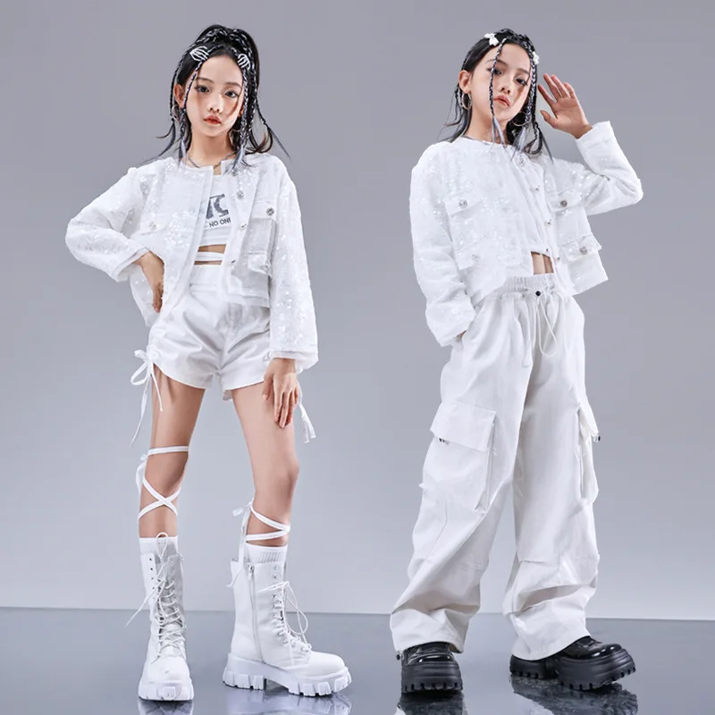 Children's Jazz Dance Performance Costumes Girls' Clothing Sequins White Breatheable Elegant Hip-hop Clothes Princess Sets 2023