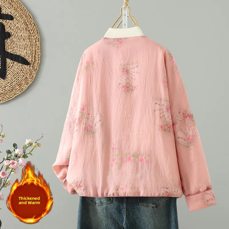 Leichtes Jaet-Winter-Oberbekleidungsoberteil aus gewebter Baumwolle mit künstlerischem Aufdruck und Knöpfen, langes Sve-Ethnic-SLE-Oberbekleidungsoberteil für Damen