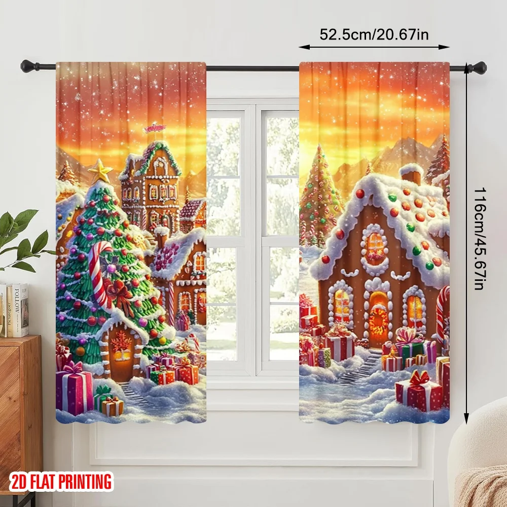 2pcs,2D plane printing Window Curtain Christmas candy wonderland Polyester Woven (without rod) Festive Perfect for Living Room,