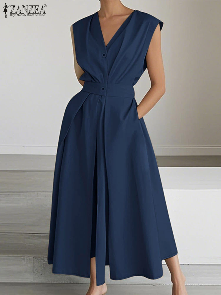 2025 ZANZEA แฟชั่น V คอ Sundress ยาว Robe ชุดสตรีฤดูร้อนชุดทํางานหรูหรา Casual ปุ่ม Vestidos