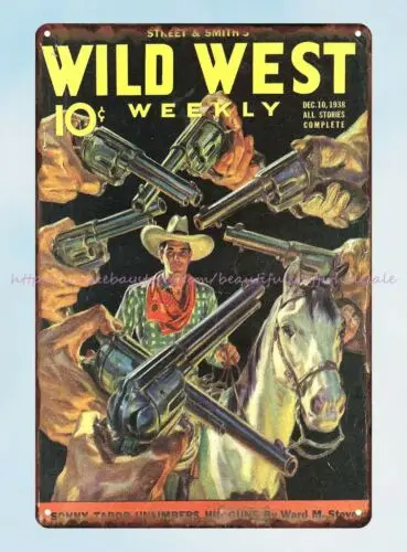 street & Smith Wild West Weekly magazine cowboy guns metal tin sign decor design