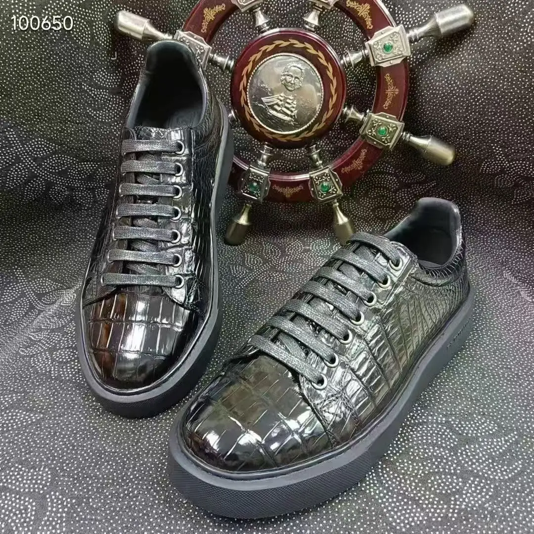 100% Genuine Real Crocodile skin men Flat Walking Sneaker Top Quality Alligator Leather Men Loafers Shoe Black color