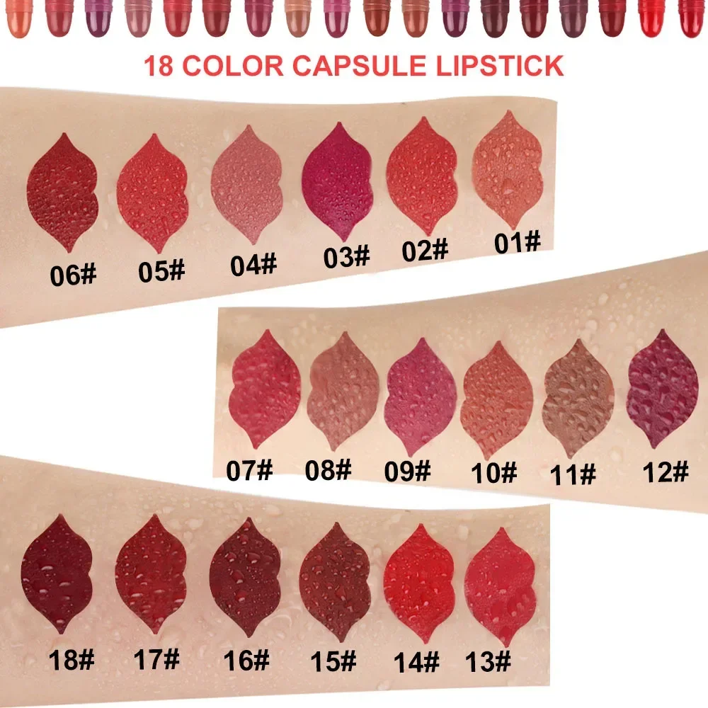 18 Color/set Lipsticks Capsule Pill Lipstick Non-stick Cup Durable Waterproof Lipsticks No Fading Color Easy To Carry Makeup