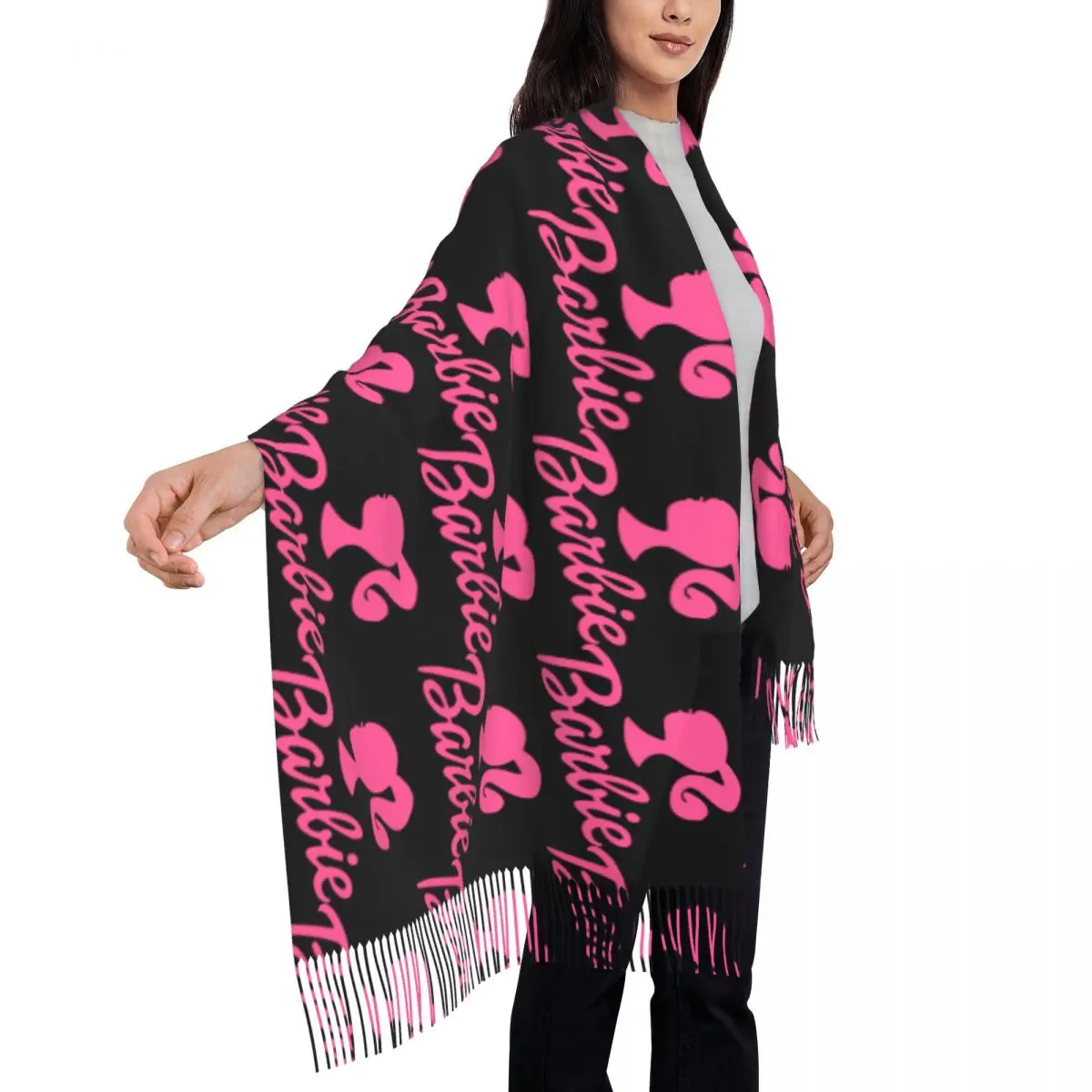 Custom Barbie Logo Scarf Wrap Women Long Winter Warm Tassel Shawl Unisex Cute Scarves