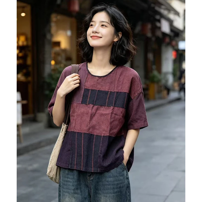 Masss Wasss 2026 Summer Vintage Patchwork Tops Womens Fashion Leisure O Neck Tee Shirts Females British Design Classic Clothes
