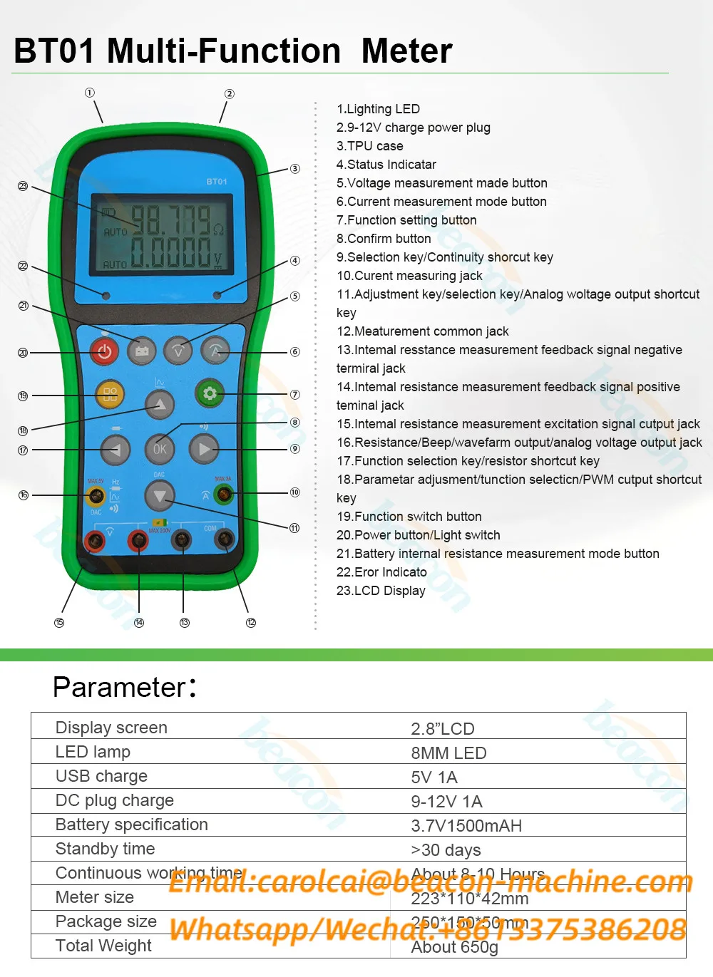 3 In 1 BT01 High Precision Battery Internal Resistance Measuring Instrument Digital Multimeter Signal Generator