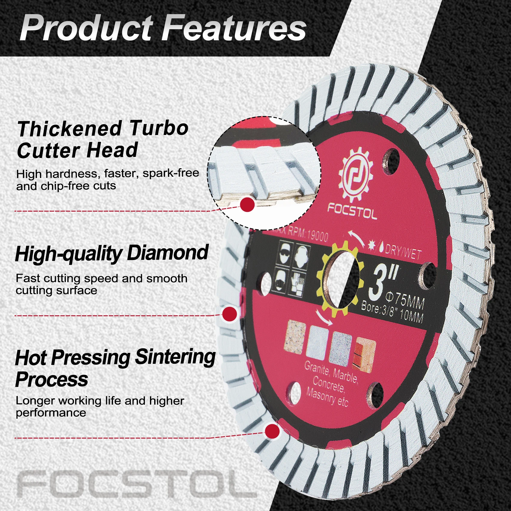 FOCSTOL Saw Blades Cutting Disc Dia 75mm Corrugated Stone Concrete Cutting Disc for Granite Marble Masonry Disc