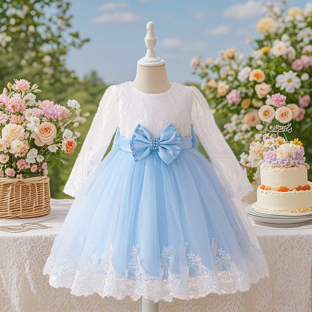 Lace long sleeve big bow girl dress elegant and beautiful dress suitable for birthday party gathering travel photo taking