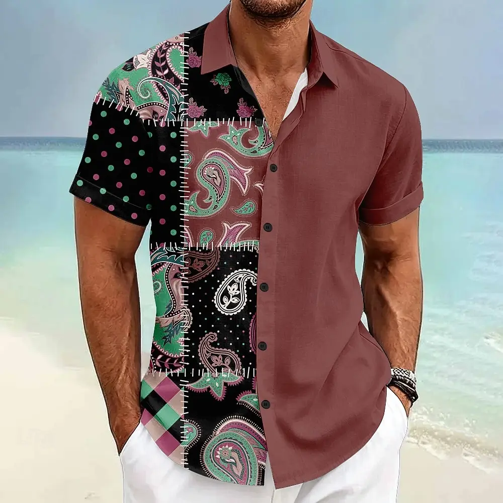 Men Paisley Patchwork Short Sleeve Shirts Lapel Button Down Summer Beach Ethnic Splicing Holiday Oversized Blouse