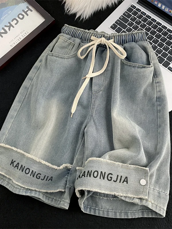 Retro Washed Casual Loose Men's Denim Shorts Trendy Brand Yellow Clay Workwear Style Five-Point Middle Pants Summer Leisure