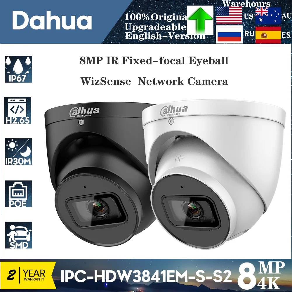 

Original Dahua 4K 8MP Camera IPC-HDW3841EM-S-S2 IR PoE Build-in LED Mic SD Card Slot Surveillance Starlight max IR distance 30 m