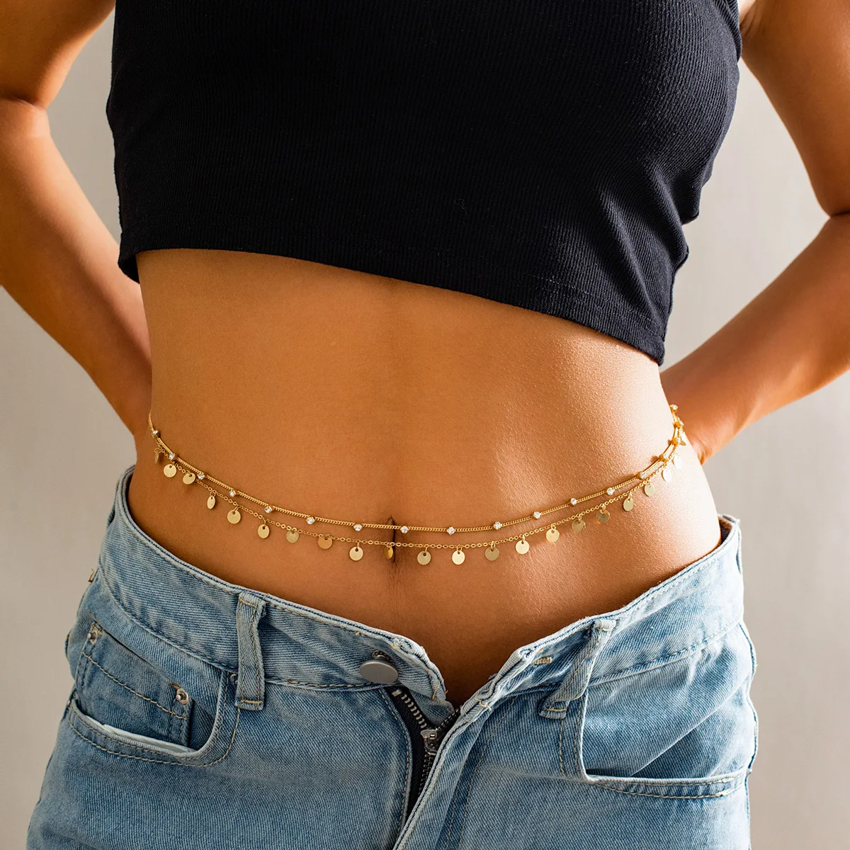 Body Chain Metal Multilayer Sequins Rhinestone Infinity Symbol Waist Belt Women Gold Tone Adjustable Premium Vacation Collection