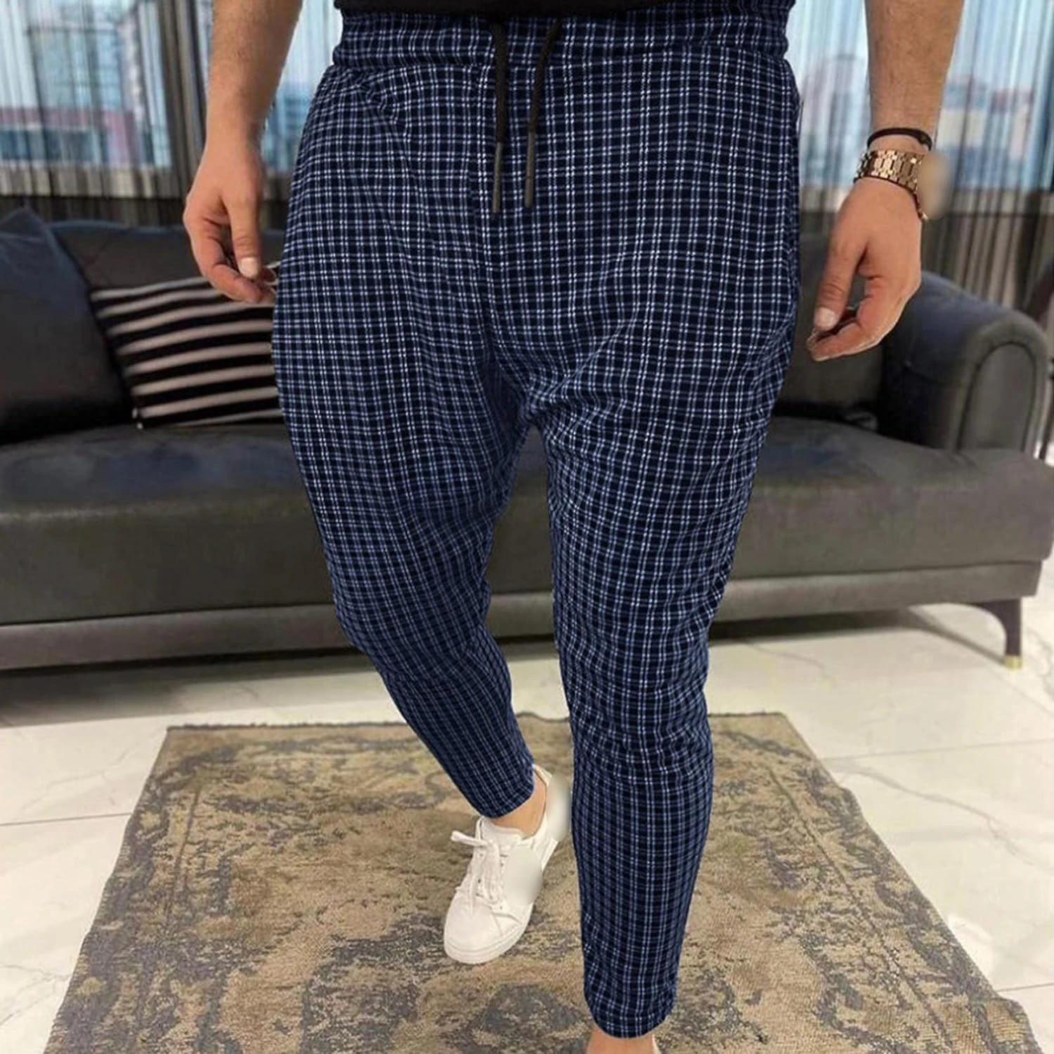 Stylish and cozy Men's Slim Fit Plaid Jogger Pants featuring Convenient Elastic Waist and Drawstring for the Perfect Fit, Comple