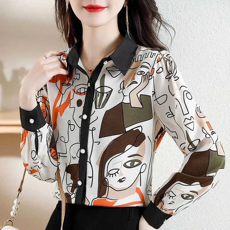 

Women's Spring Autumn New Fashion Elegant Polo Collar Long Sleeve Printed Shirt Casual Versatile Westernized Comfortable Tops