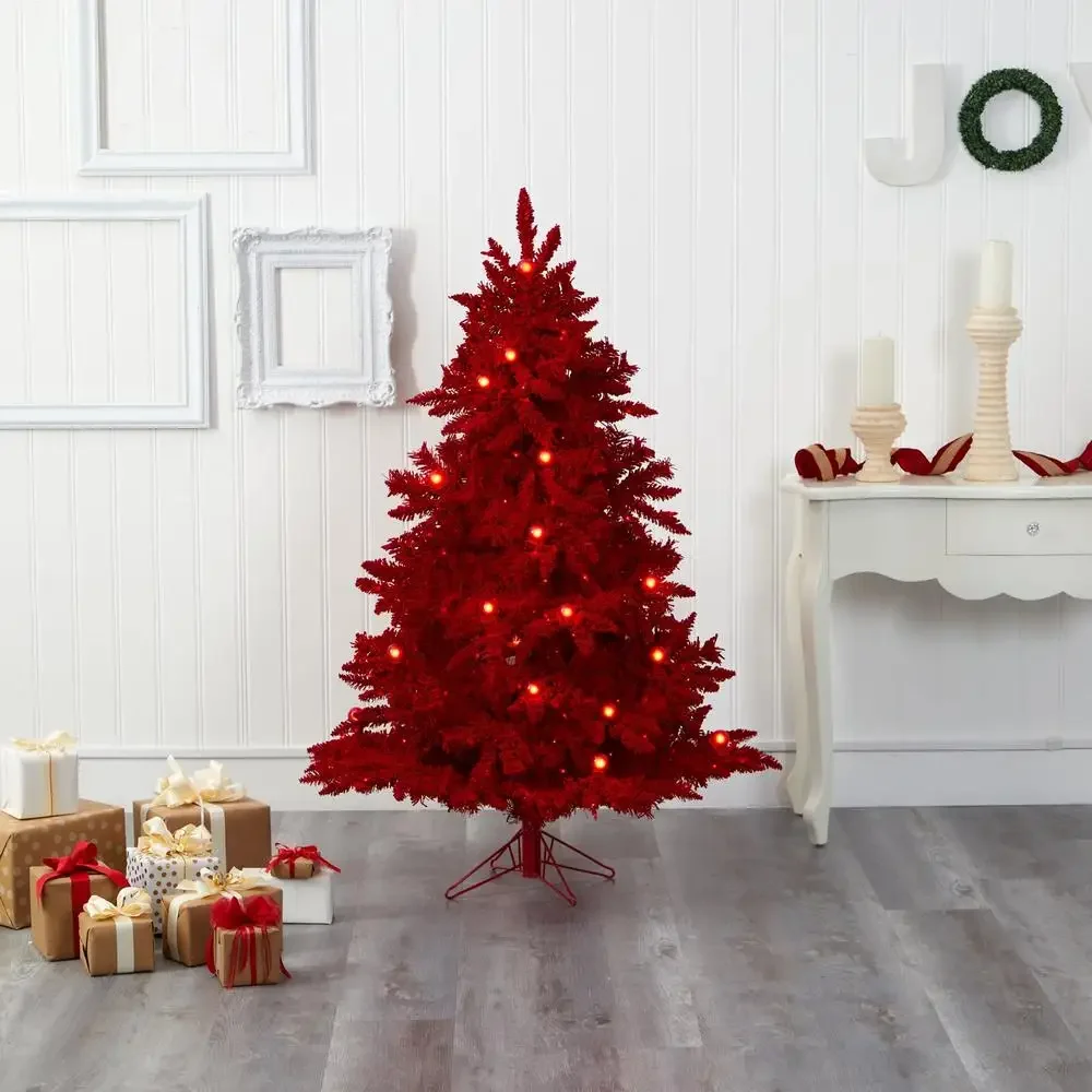 Red Flocked Fir Artificial Christmas Tree Prelit 5' 250 Lights Indoor Holiday Setting Branches Globe Bulbs Metal Stand Cheerful