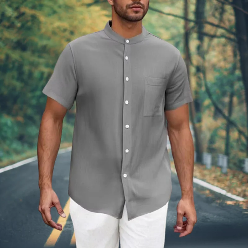

New Summer Casual Simple Shirts Mens Leisure Button-up Stand Collar Solid Color Shirt For Men Vintage Short Sleeve Thin Cardigan