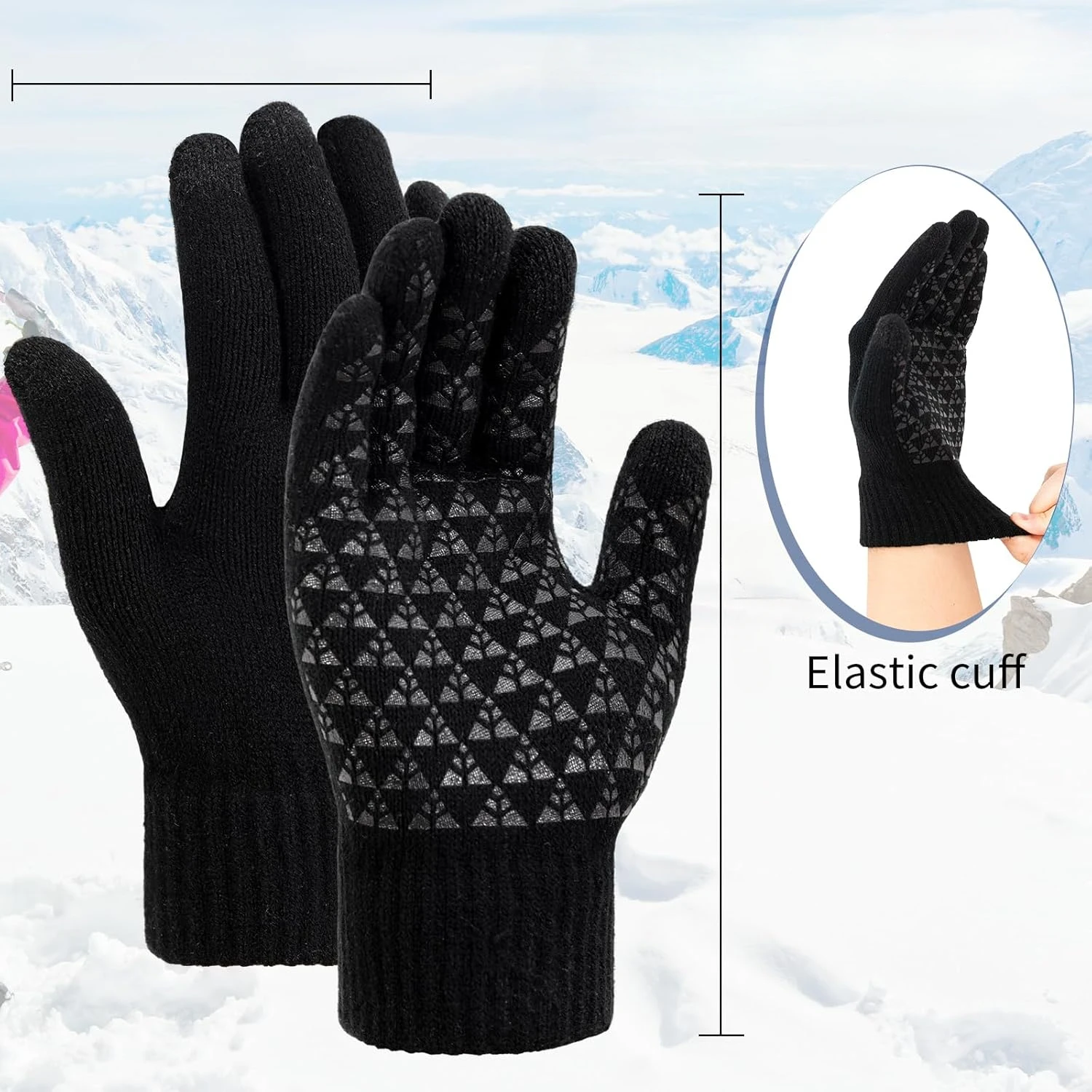 Winter gloves, men\'s gloves black heated non-slip touch screen with hot soft knit for running, driving and hiking