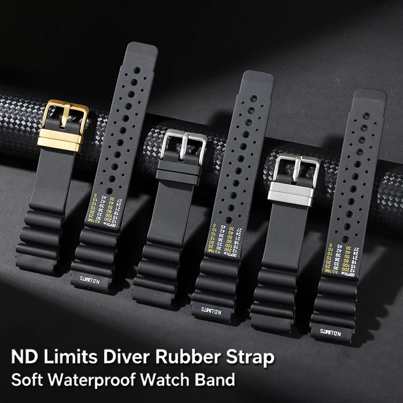 ND Limits Diver Rubber Watch Strap 20mm 22mm 24mm Soft Waterproof Silicone Diving Watchband Breathable Replacement Wristband