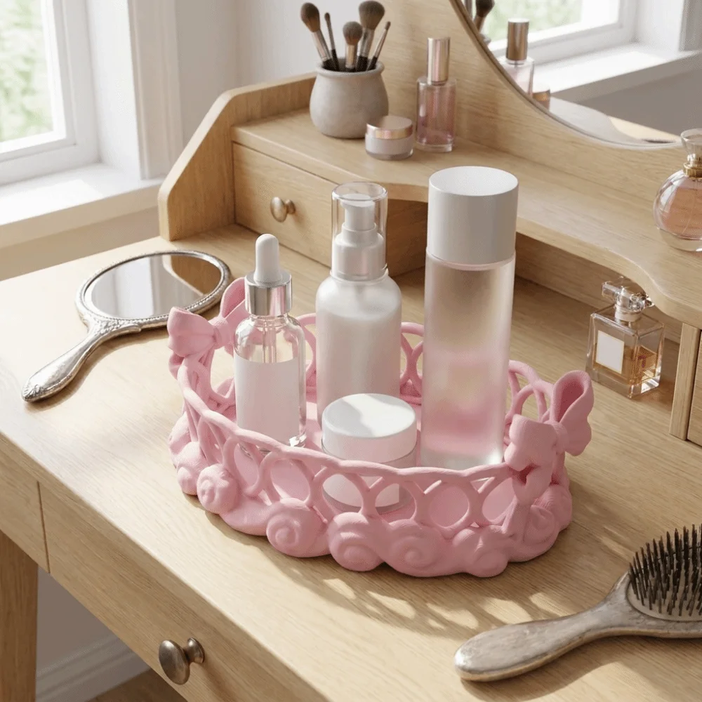 Aesthetic 3D Printed Hollow Bow Storage Tray Large Capacity Plastic Bow-Shaped Jewelry Storage Tray Decorative Desktop Organizer