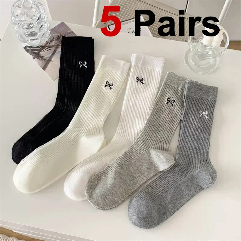 

5 Pairs Women Butterfly Knot Mid Length Socks Solid Color Lightweight Breathable Soft Comfortable Casual Long Socks