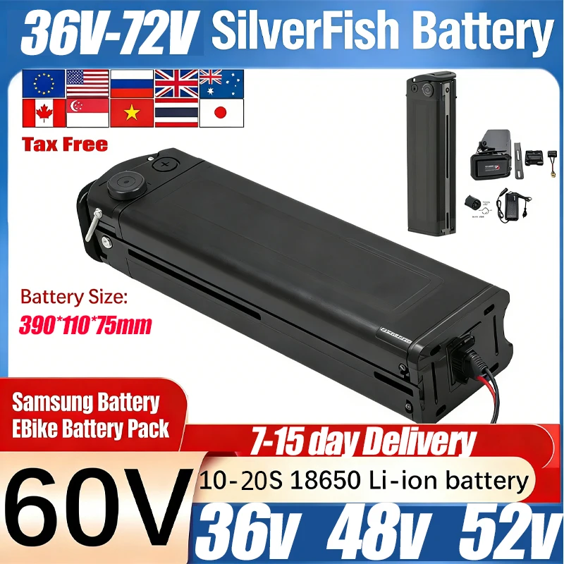 36V 48V 52V 60V 72VSilver Fish 18650 Battery Pack 20Ah 30Ah 40Ah 50A 60Ah10S-20S For 250W-2000W Folding E-two wheeler Handheld