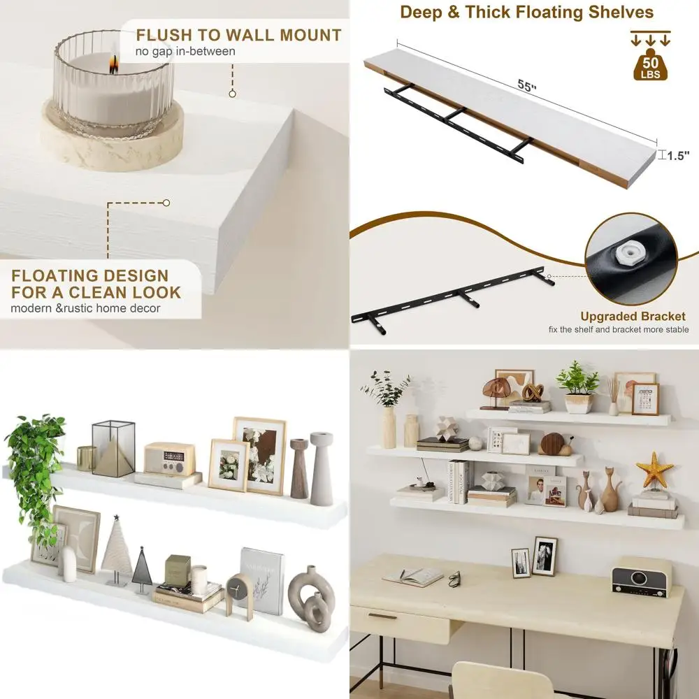 

Set of 2, 55 White Floating Wall Shelves, Invisible Brackets, for Home Decor in Living Room, Bedroom, Kitchen