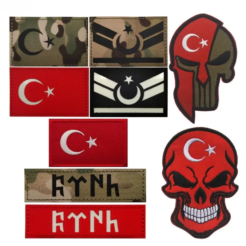 Flag of Turkish Skull Hook&Loop Patches Infrared Reflection Embroidery Armband Tactical Badge on Backpack Patch for Clothing