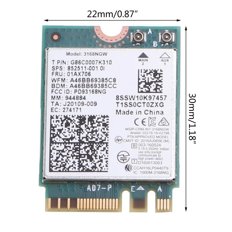 62KA 3168NGW Двойной диапазон Wi-Fi Card Card 802.11ac Axe Wireless NGFF для M.2 Wi-Fi Card Adapter Adapter BT-совместимый 4.2