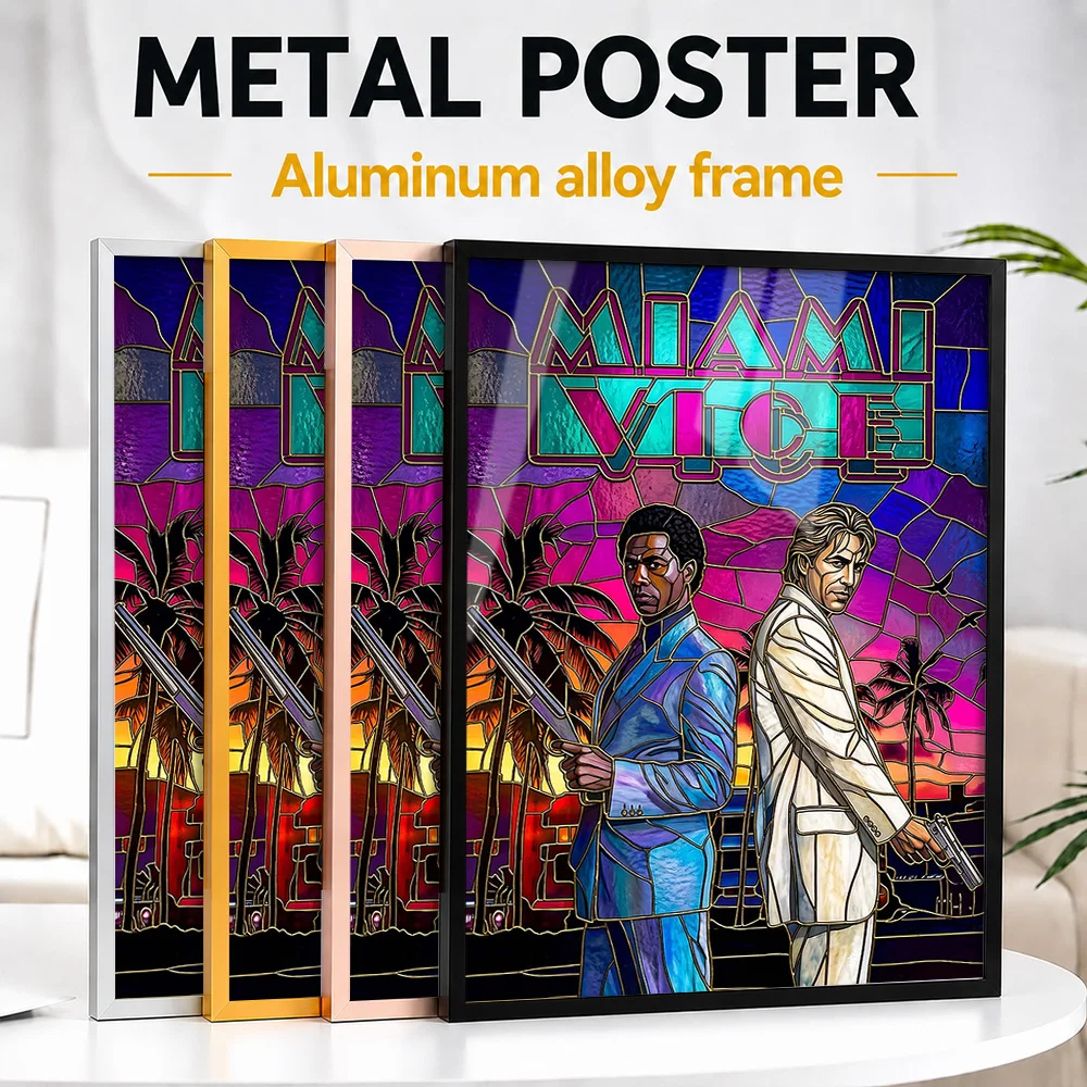 Miami Vice Stained Glass Framed Metal Print Customized Photo Ornate Fantasy Style Wall Art For Bedroom Premium Collector Gift