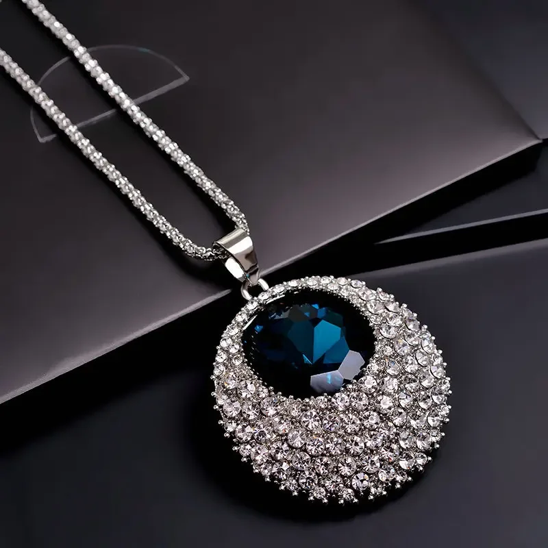 Shining Crystal Round Water Drop Heart Sweater Long Necklaces for Women 2024 Winter Trendy Korean Pendant Geometric Jewelry