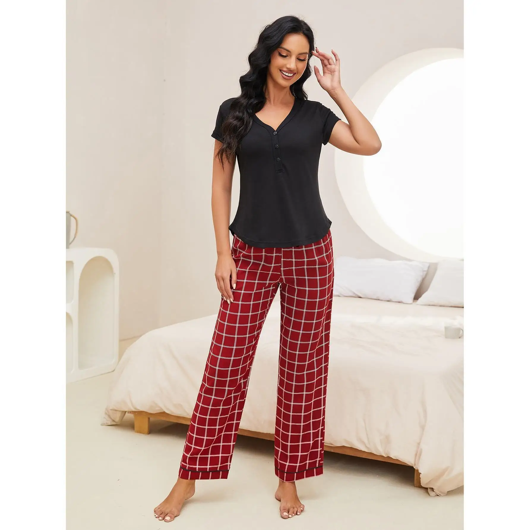 Women's Short Sleeved V-neck Top And Pants Set, New Casual Plaid Pajamas, Women's Pajamas, Home Clothes, Pajamas