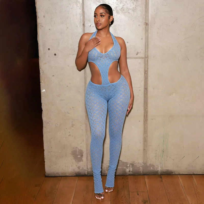 

Стильный женский комбинезон с вырезами и вязаным топом-халтером, лето 2026, женский, с открытой спиной, прозрачный, с расклешенной талией, сексуальный, для клуба и вечеринок, цельный комбинезон