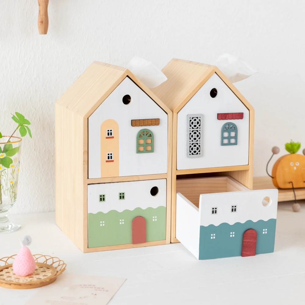 Nordic House-Shaped Wooden Double Layer Tissue Storge Box Multi-functional Drawer Storage Box Home Office Desktop Organiser Gift