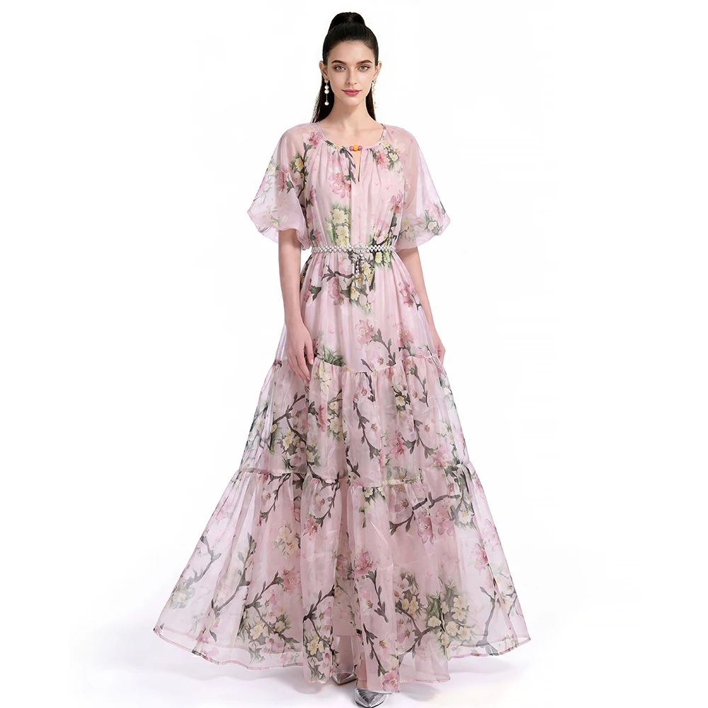 

Women's Pink Floral Organza Maxi Dress Flare Sleeve Tiered Skirt with Beaded Waistband Elegant Wedding Guest Dress