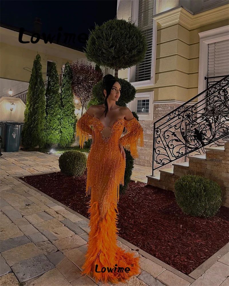 2024 Luxury Feathers Prom Dress Orange Tassels Beaded Evening Gowns Aso Ebi Crystal Mermaid Engagement Party Dresses For Wedding