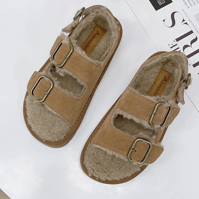 Fur Women Autumn Sandals Flats Casual Cotton Shoes 2024 Designer New Trend Dress Shoes Walking Outdoor Fashion Women Flip Flosp