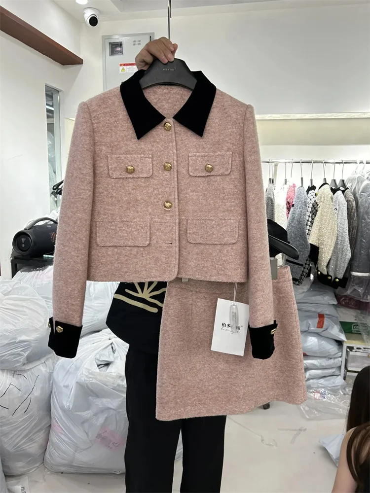 2024 Spring and Autumn New Maillard Spliced Skirt Small Fragrant Wind Coat Suit Ladies Joker Top Skirt Two-piece Suit Tide