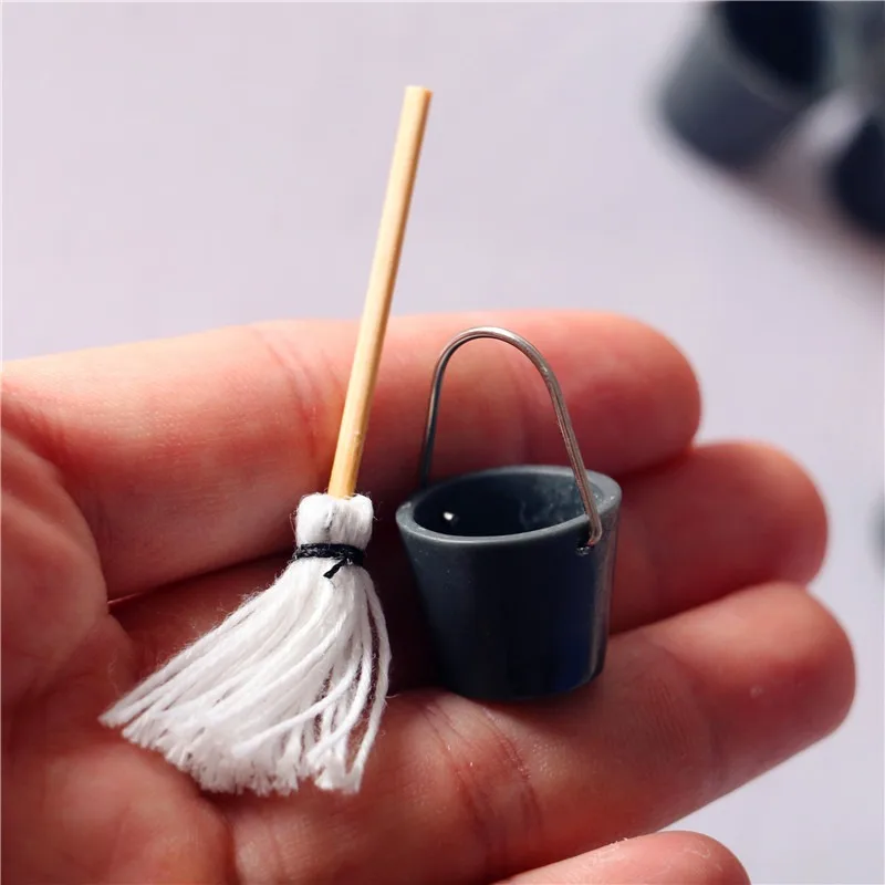 Dollhouse Miniature Cleaning Tool Set Water Bucket & Mop Combination Realistic Scene Shooting Props for Doll House Decoration