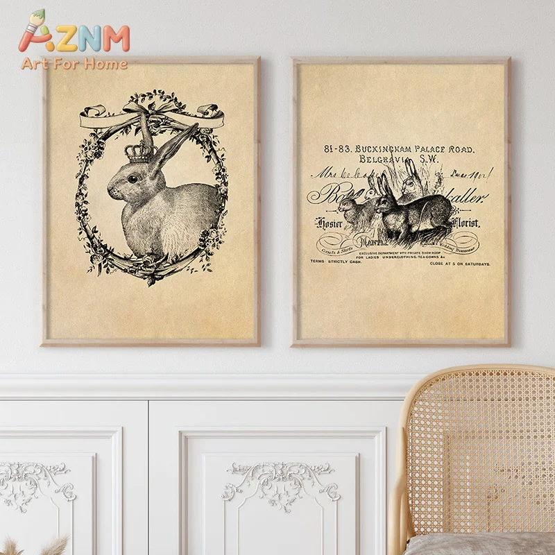 Vintage Rustic Rabbit Print Easter Bunny Drawing Poster Retro Victorian Hare Canvas Painting Farmhouse Wall Art Picture Decor