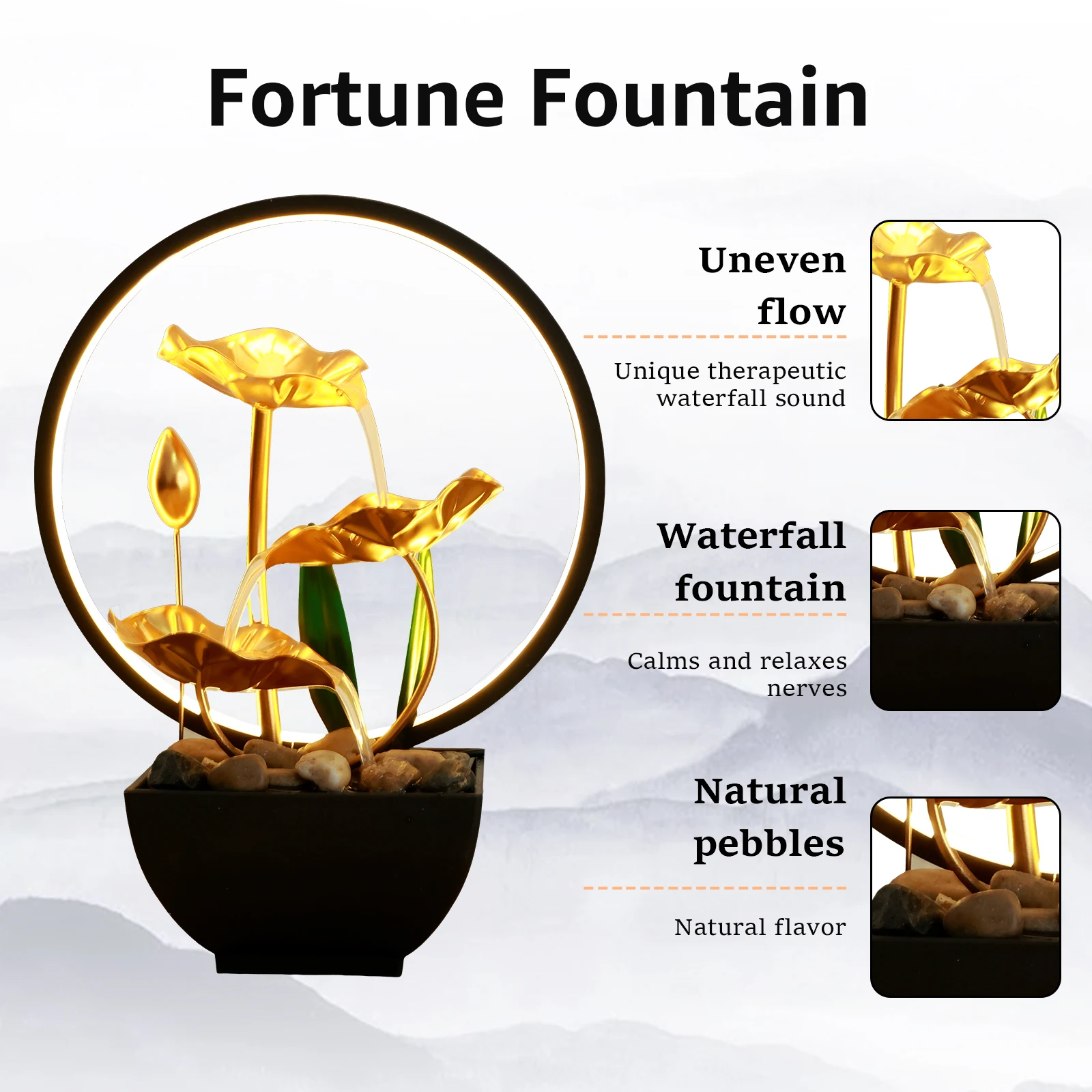 Tabletop Water Fountain USB Powered Tabletop Fountain with Natural Rocks and LED Ring Lights 11.4inch Tall Desktop Waterfall