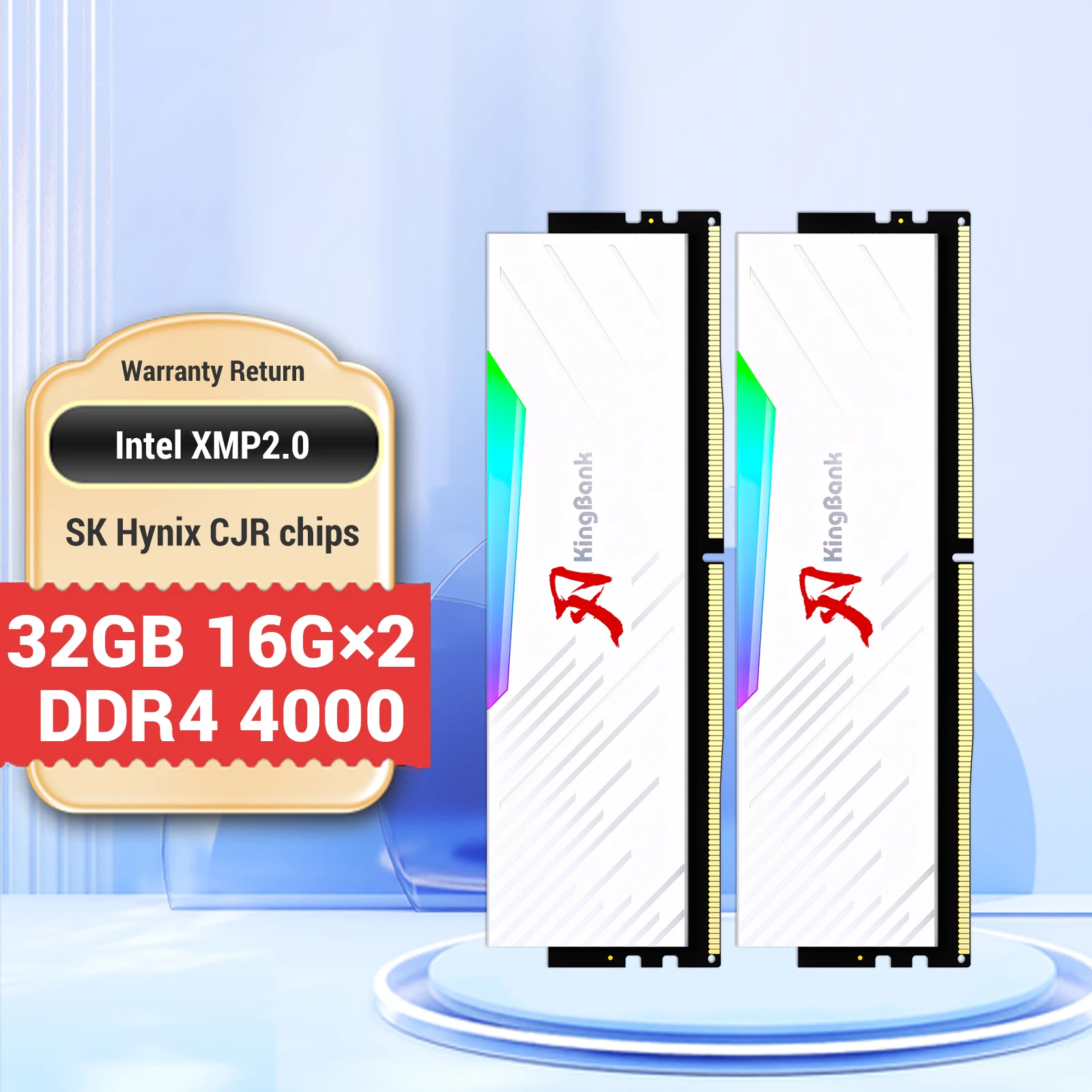 KingBank 메모리 DDR4 RAM PC 16GB X2 16GB 32GB 4000MHz RGB RAM 화이트 방열판 OC 성능, 데스크탑 하이닉스 칩 CL19 용