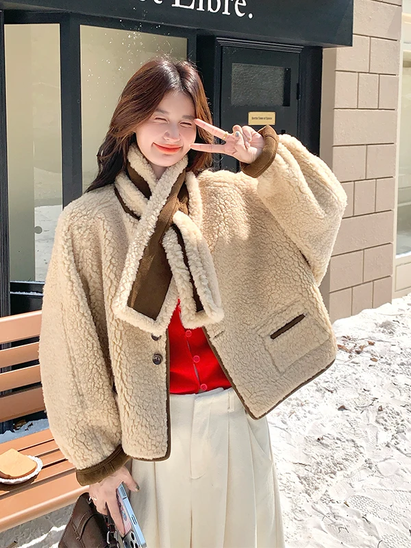 

Двусторонняя куртка из овечьей шерсти для женщин, осенне-зимняя, утепленная, на флисовой подкладке, теплая, с шарфом, повседневная, свободного кроя